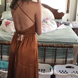 Rust Satin Maxi w/ Lace and Wrap spaghetti straps